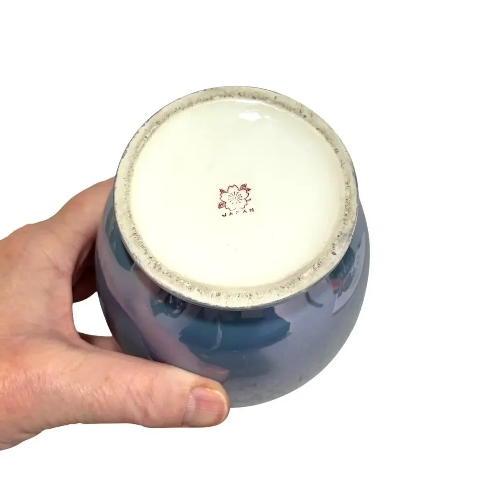 Vintage Japan Vase blue lustre ware urn shape side handles floral decorative